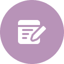A white pencil and paper icon on a purple circular background.