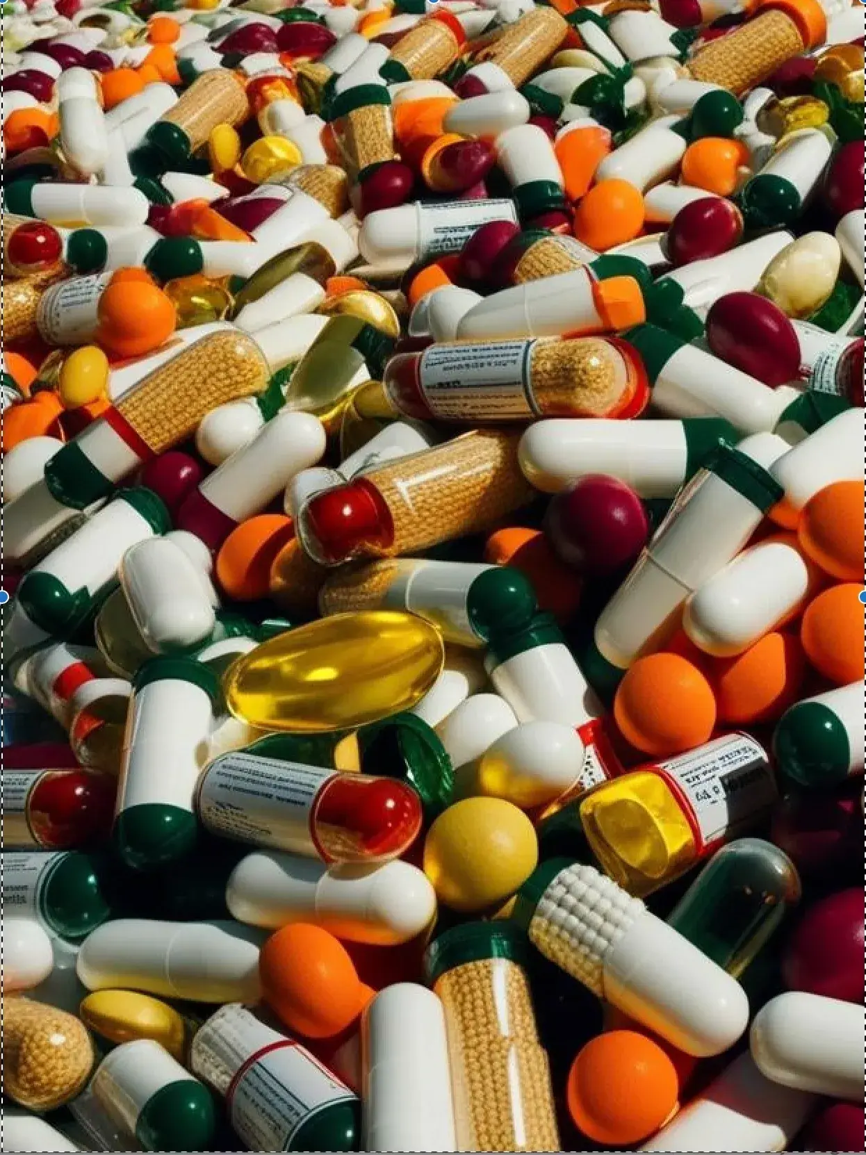 A colorful assortment of various capsules and tablets scattered randomly.