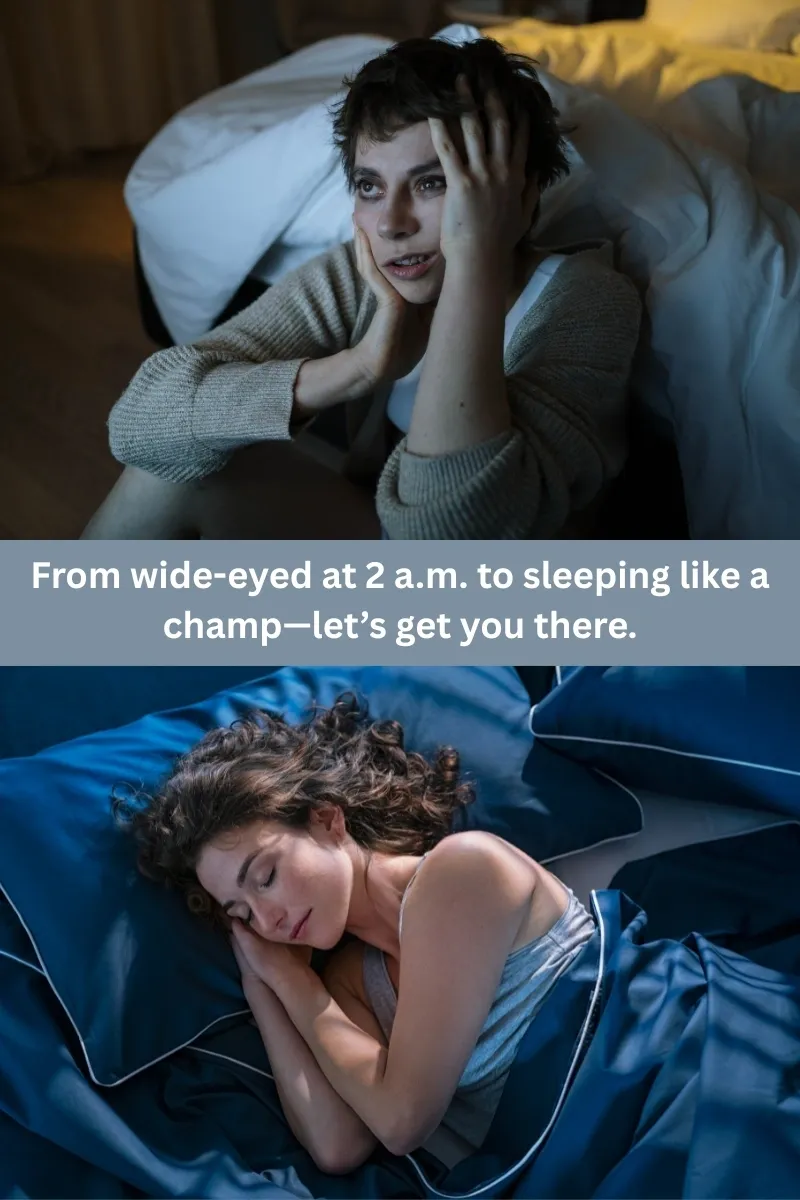Two images showing wide-eyed insomnia and peaceful sleep.