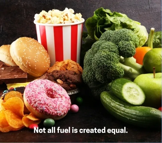 Healthy vegetables and junk food side by side with caption 'Not all fuel is created equal.'
