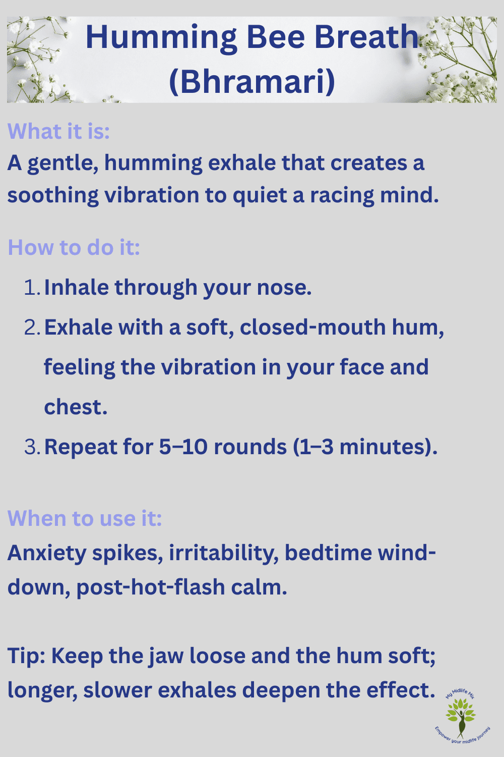 practicing humming bee breath—inhale through nose, soft closed-mouth hum on exhale—to relax and calm the nervous system.