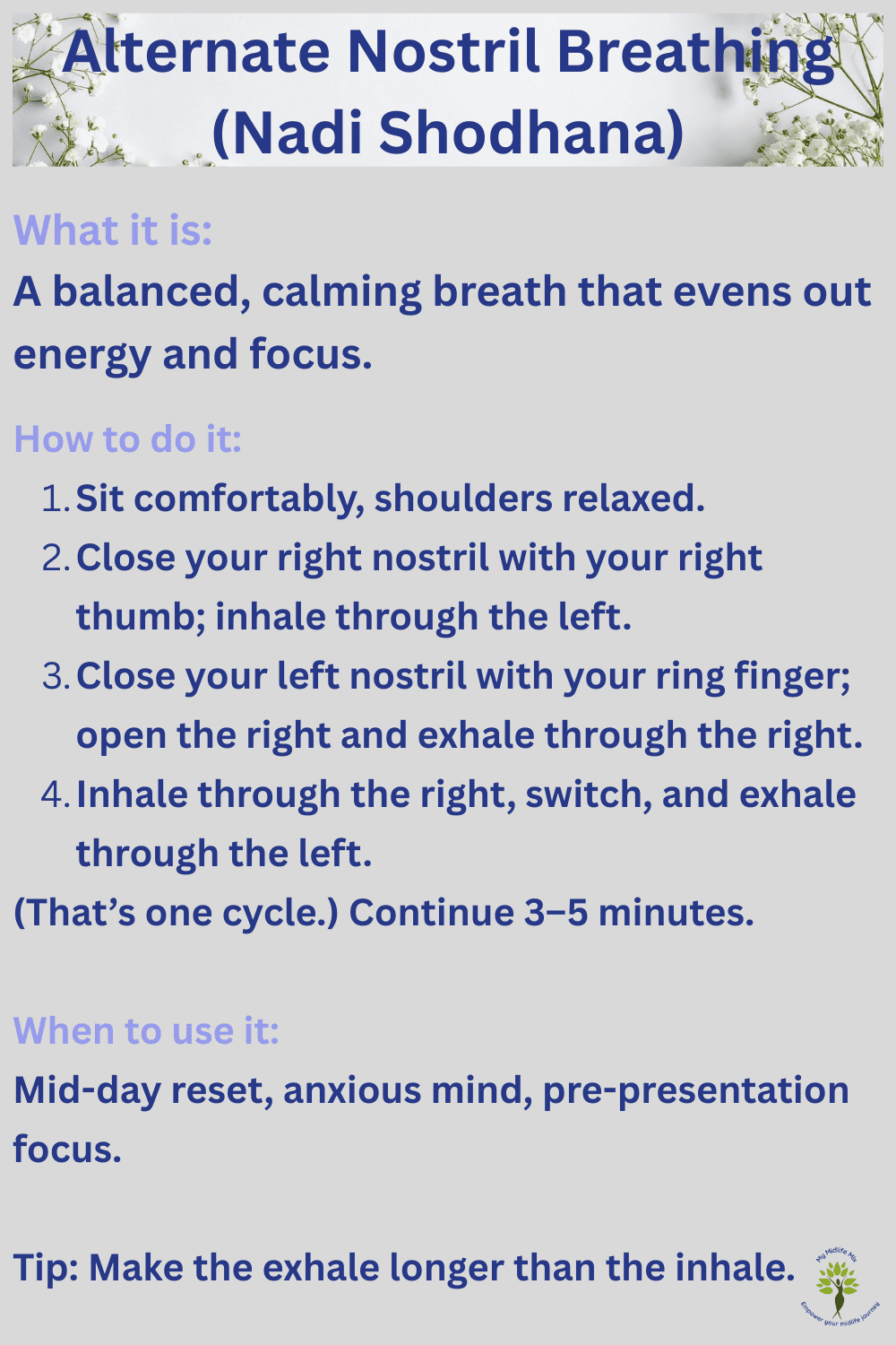 Soft flowers surrounding the words nostril breathing—right thumb closes right nostril while inhaling through left.