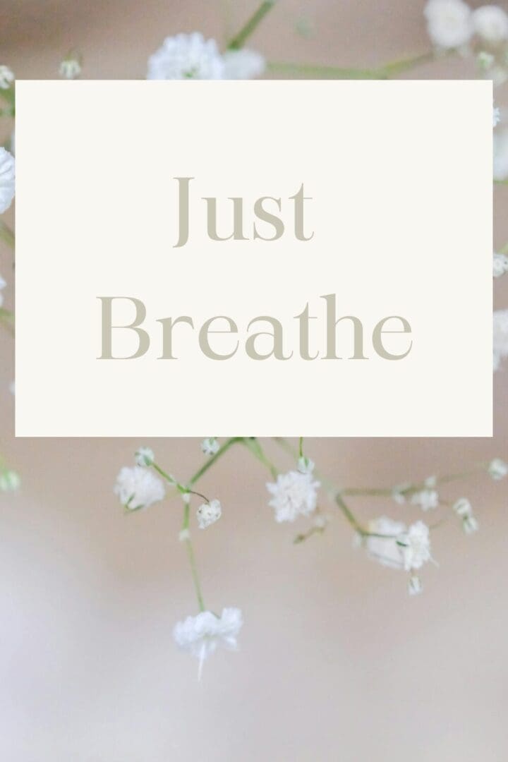 Simple “Just Breathe” graphic with soft neutral tones, representing calming breath exercises for stress relief, better sleep, and energy in midlife