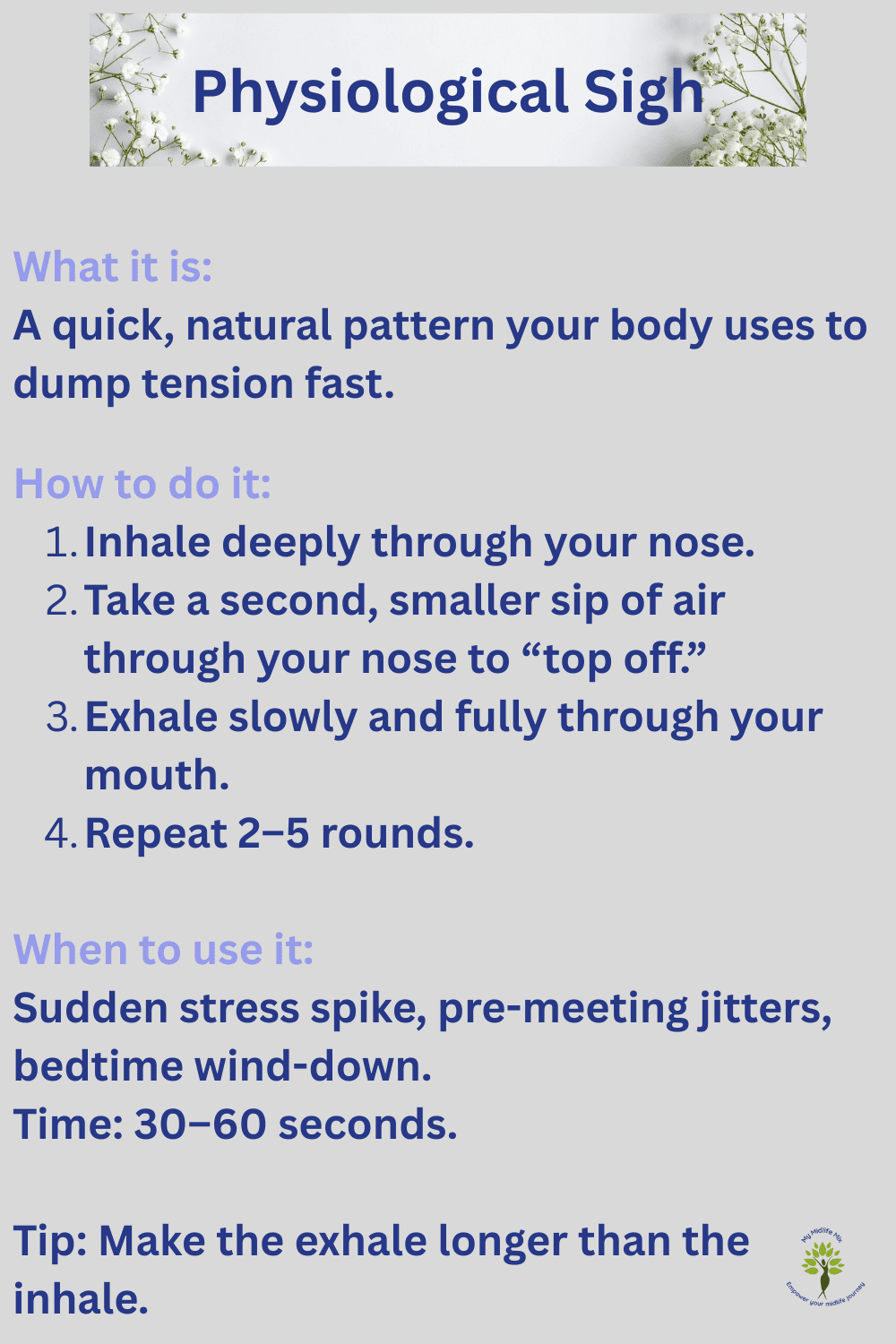 Soft flowers surrounding the words physiological sigh—two quick nose inhales followed by a long slow mouth exhale—to relieve stress.
