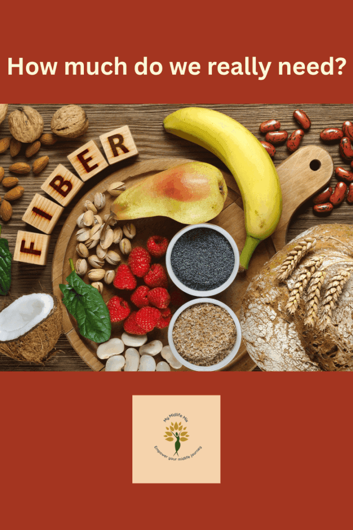 High-fiber foods including bananas, pears, raspberries, oats, nuts, and seeds on a wooden board with the word FIBER spelled in blocks. Text overlay: How much do we really need?