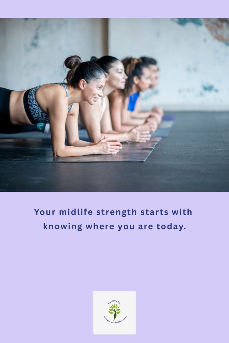 Women holding a plank position in a gym, demonstrating core strength and stability. Soft lavender background with the My Midlife Mix logo below.