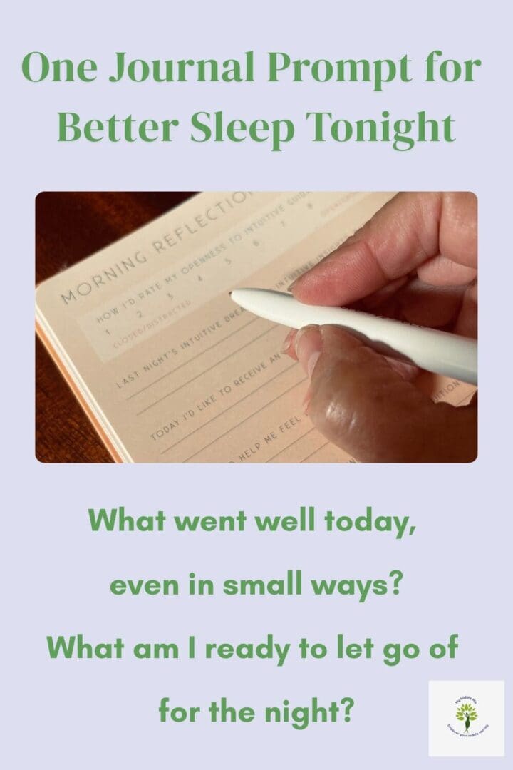 Journal prompt for better sleep featuring reflective questions to calm the mind before bed