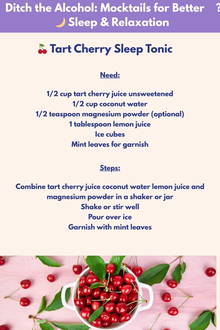 Tart cherry sleep tonic recipe to support natural melatonin production, promote relaxation, and improve sleep quality in midlife.