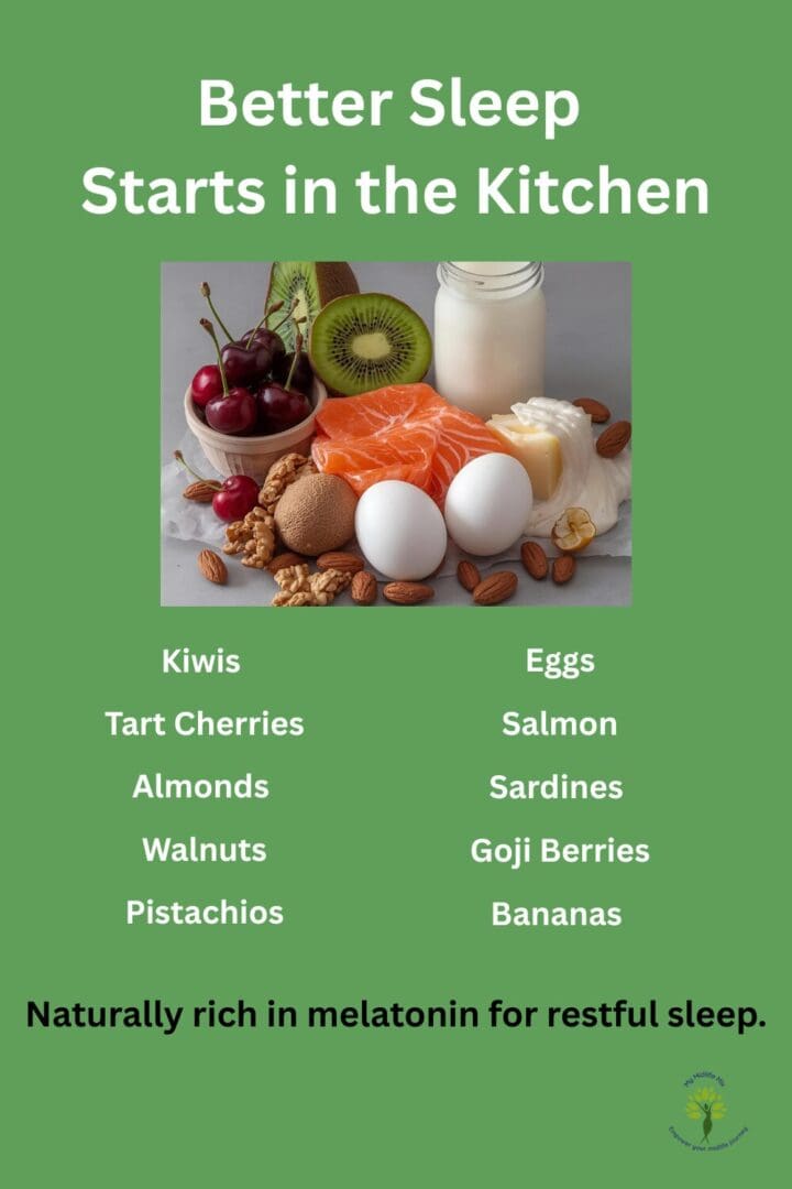 Better Sleep Starts in the Kitchen graphic showing sleep-supporting foods like kiwi, tart cherries, salmon, eggs, nuts, and bananas.