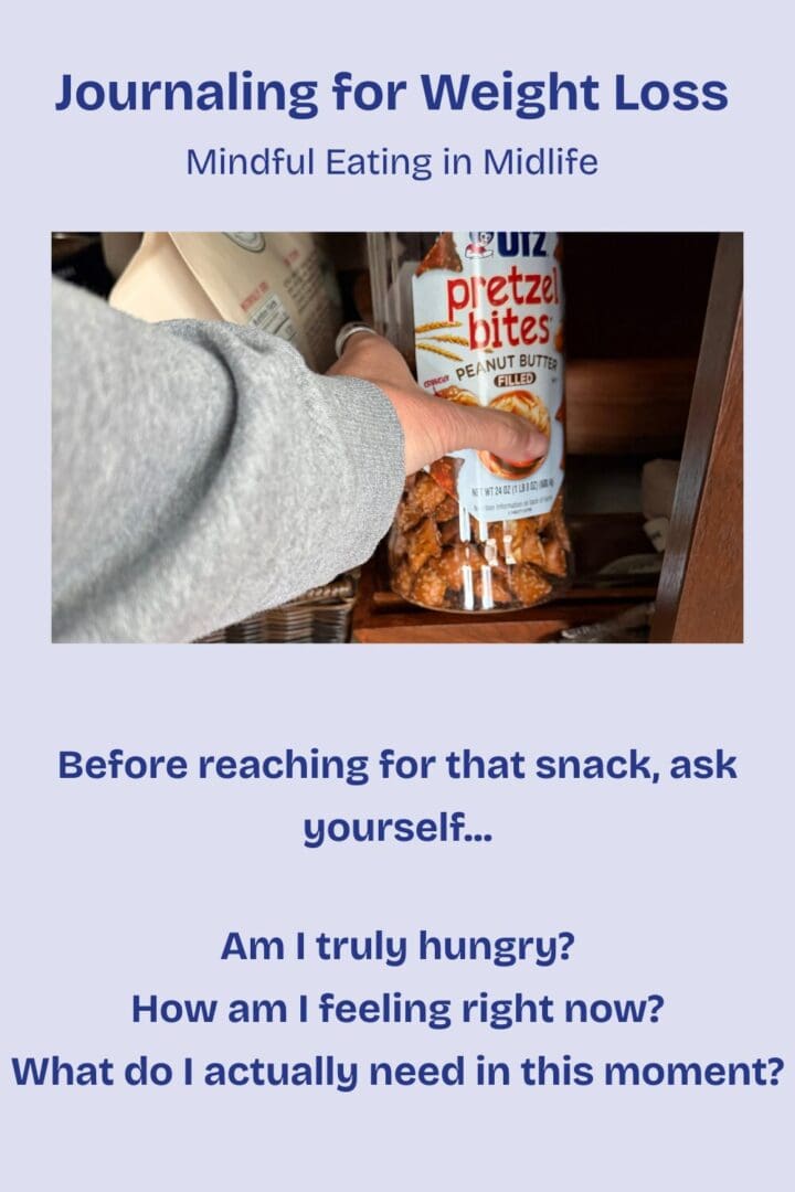 Reaching for a snack in the pantry as a reminder to pause and check hunger cues — a mindful eating habit for midlife wellness.