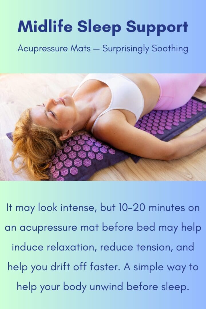 Woman lying on an acupressure mat as a midlife sleep support tool to promote relaxation before bedtime.