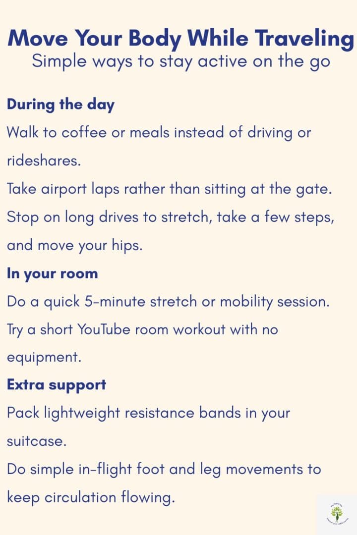 Card with travel-friendly movement tips, including walking more during the day, stretching on long drives, simple hotel room workouts, resistance bands, and in-flight leg exercises.