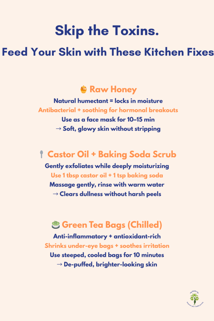 Natural skincare tips using kitchen ingredients including raw honey, castor oil and baking soda scrub, and chilled green tea bags to support healthy, glowing midlife skin.
