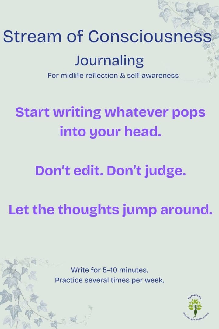 Stream of consciousness journaling prompt for midlife women encouraging free writing without judgment to support calm, reflection, and emotional balance.
