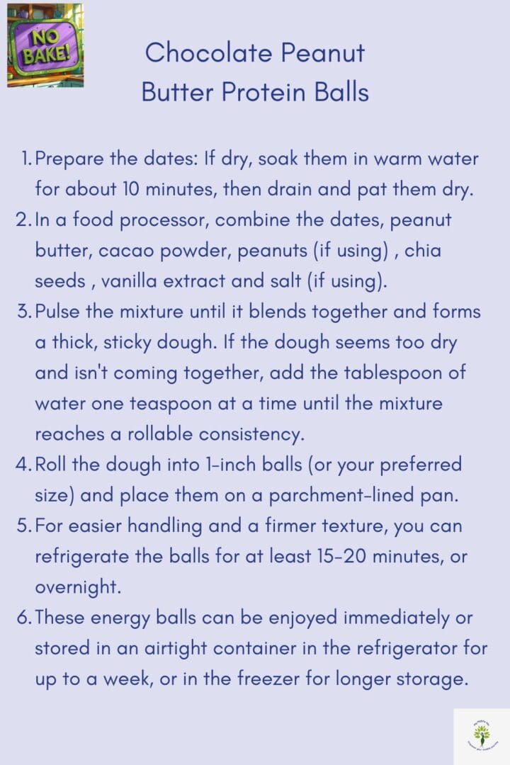Instructions card showing simple steps to make chocolate peanut butter protein balls by blending ingredients and rolling into bite-sized balls.
