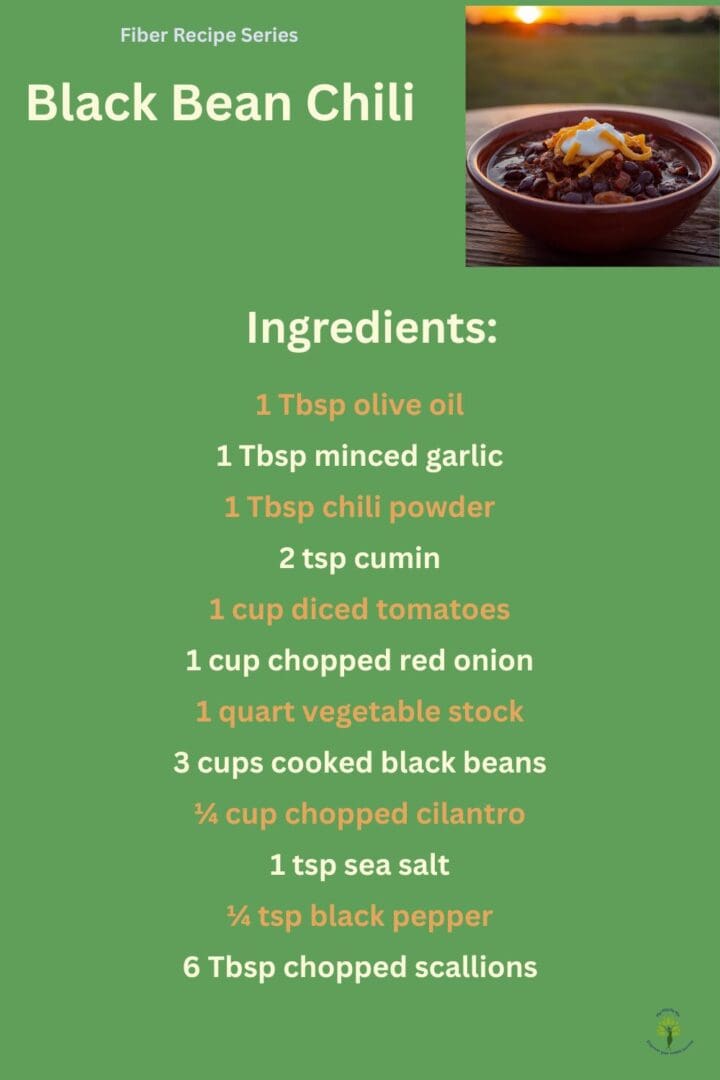 Black bean chili ingredients including black beans, tomatoes, garlic, onion, cumin, chili powder, cilantro, and vegetable stock for a hearty, plant-based chili.