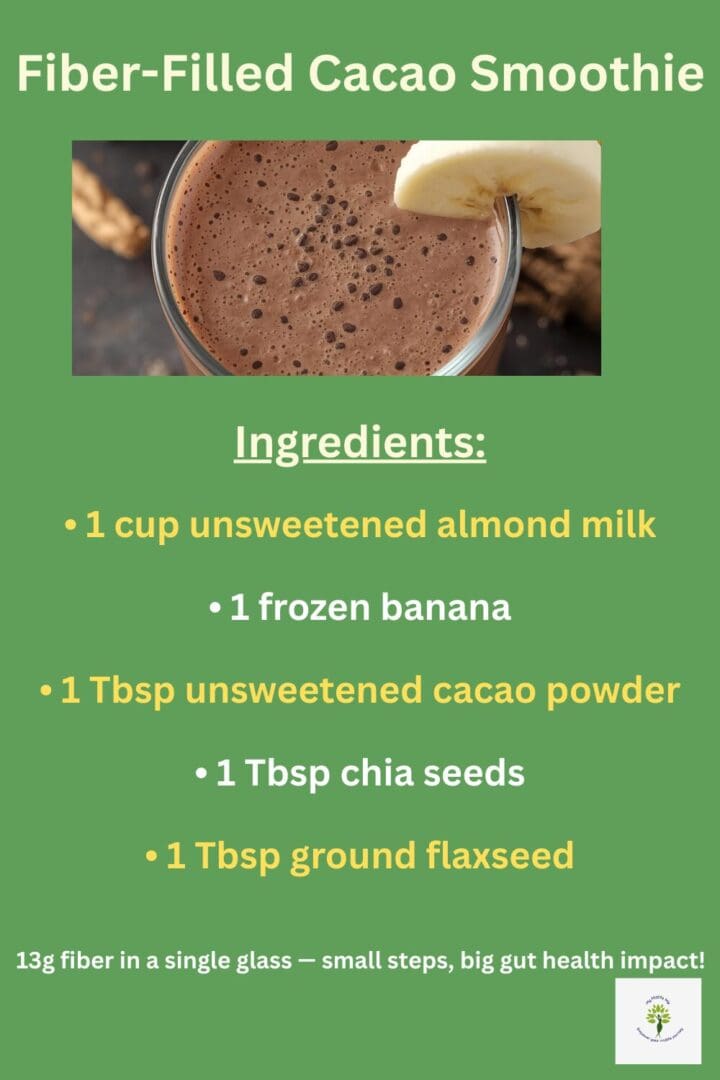 Fiber-filled cacao smoothie made with almond milk, banana, chia seeds, flaxseed, and unsweetened cacao powder — a gut-supporting, high-fiber smoothie for midlife wellness.
