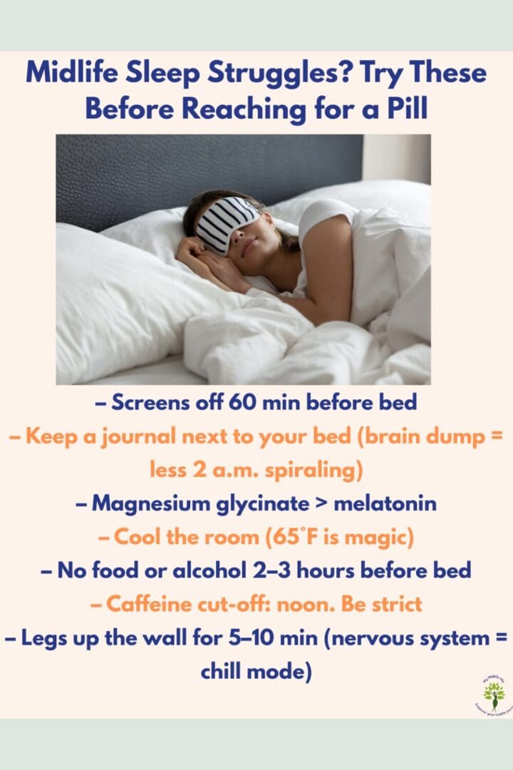 Natural sleep support tips for midlife women including magnesium, journaling, screen limits, and cooling the room.