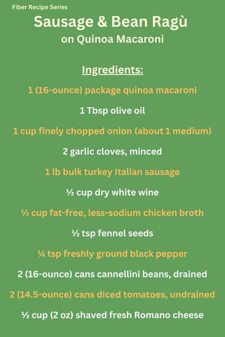 Ingredients list for a high-fiber sausage and bean ragù made with beans, vegetables, and simple whole-food ingredients.