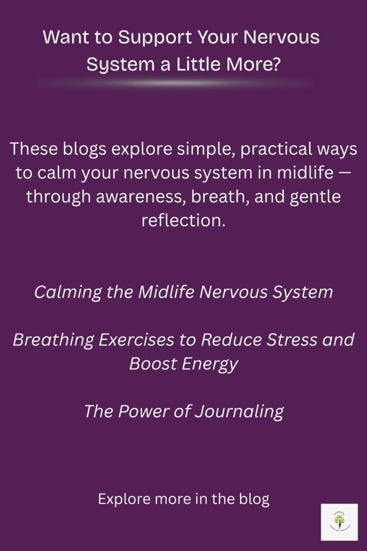 Card linking to blogs about calming the midlife nervous system through breathwork, journaling, and nervous system awareness.