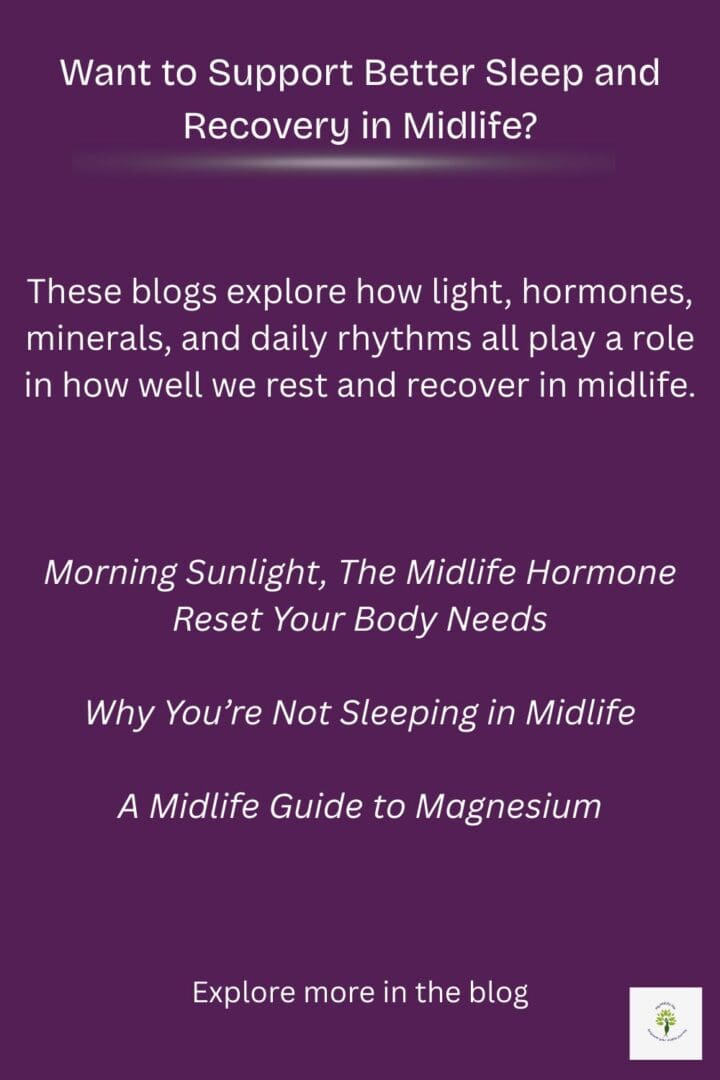 Card linking to blogs about improving sleep and recovery in midlife, including circadian rhythm, hormones, magnesium, and sleep challenges.