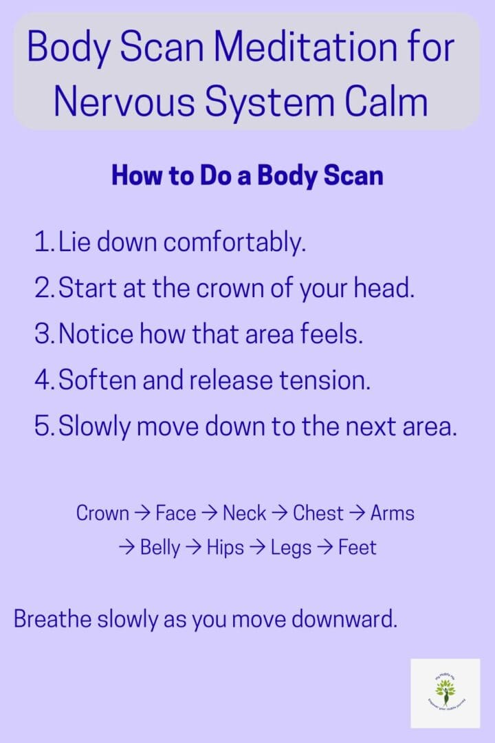 Body scan meditation card with step-by-step guidance to calm the nervous system by noticing and releasing tension from head to toe.