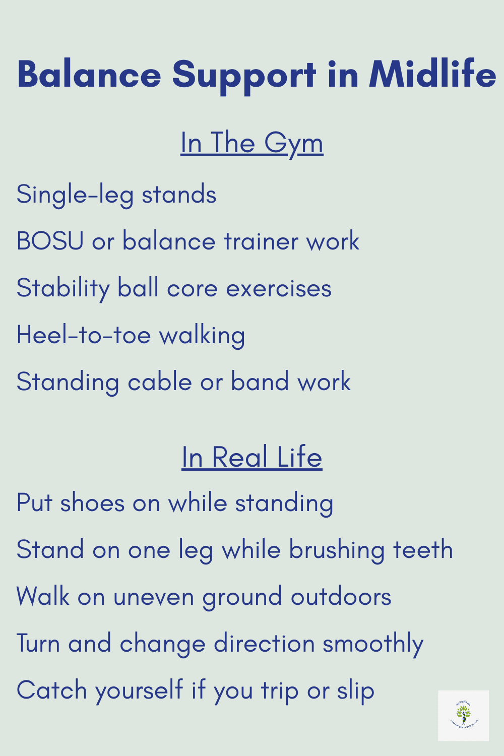 Balance support in midlife featuring movement ideas that improve stability and confidence, with examples from both gym settings and everyday life.