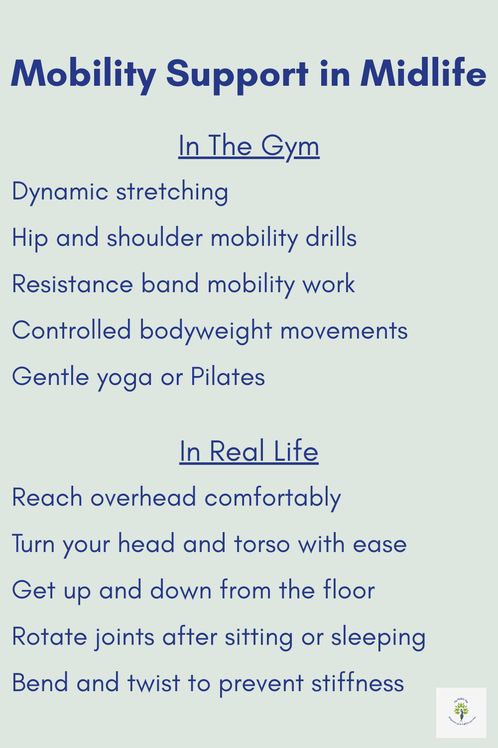 Mobility support in midlife with movement ideas that support joint flexibility and ease of movement, including gym-based practices and real-life motions.