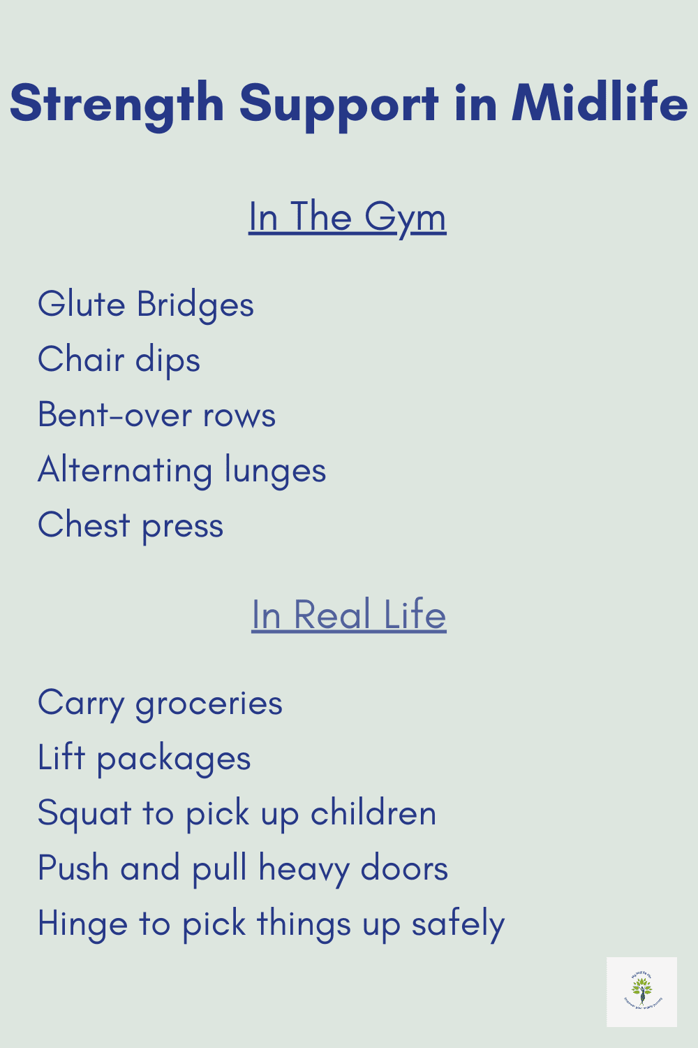Strength support in midlife with movement ideas that build functional strength, including gym-based exercises and real-life movements used in everyday tasks.