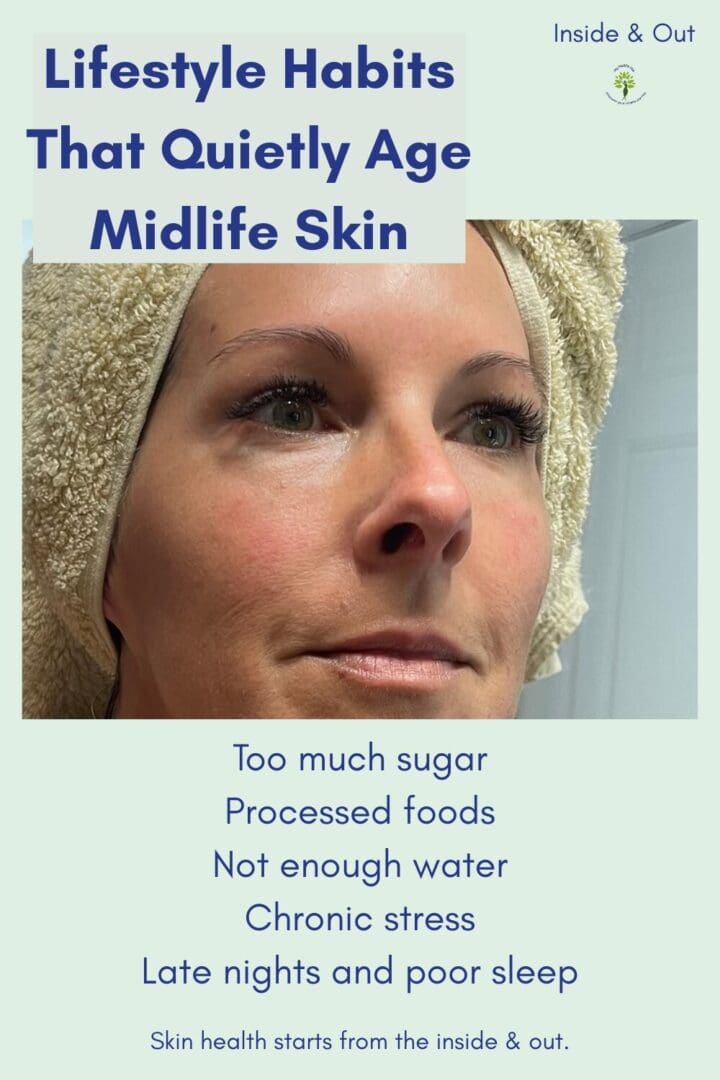 Midlife woman with towel-wrapped hair representing lifestyle habits that impact skin health in midlife, including excess sugar, processed foods, dehydration, chronic stress, and poor sleep.