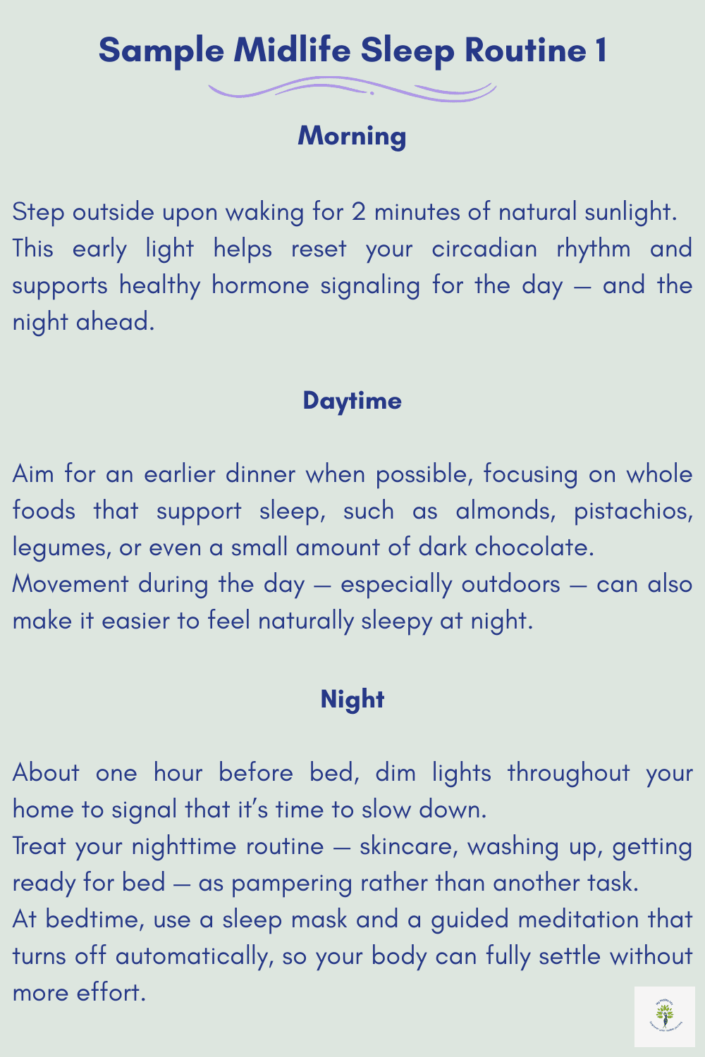 Sample midlife sleep routine showing morning sunlight exposure, daytime movement and early supportive meals, and a calming evening wind-down with dimmed lights, pampering nighttime routine, sleep mask, and guided meditation.