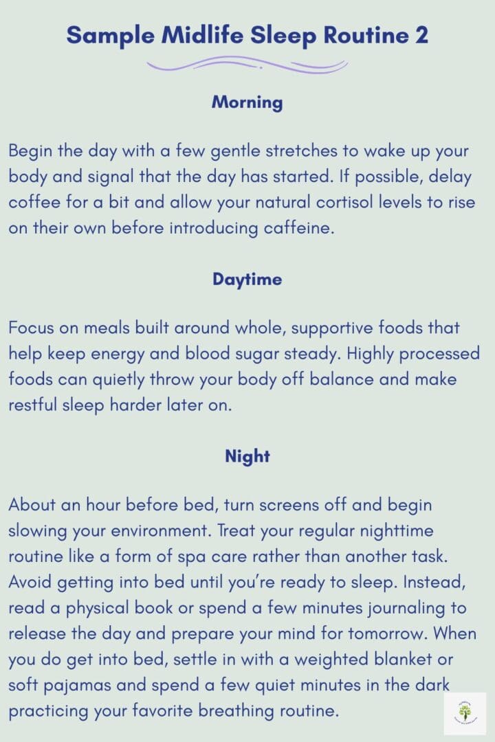 Alternative midlife sleep routine highlighting gentle morning stretching and delayed coffee, whole supportive foods during the day, and a screen-free evening routine with journaling, breathwork, and a relaxing bedtime environment.