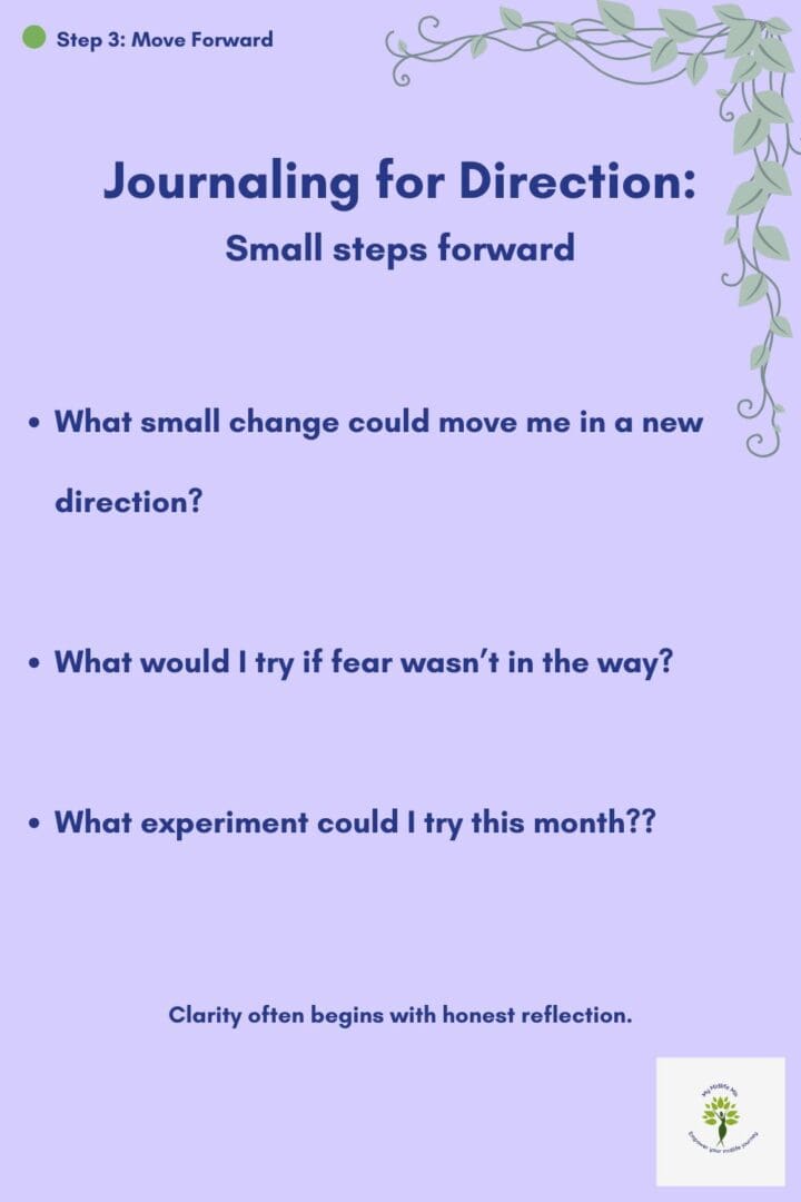 Midlife journaling prompts focused on taking small steps toward change and creating direction in life.