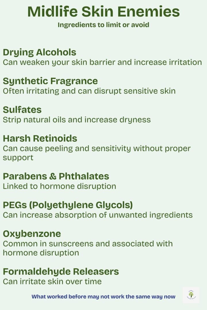 Skincare ingredients to avoid in midlife, including sulfates, synthetic fragrance, parabens, PEGs, and drying alcohols that can negatively affect aging skin.