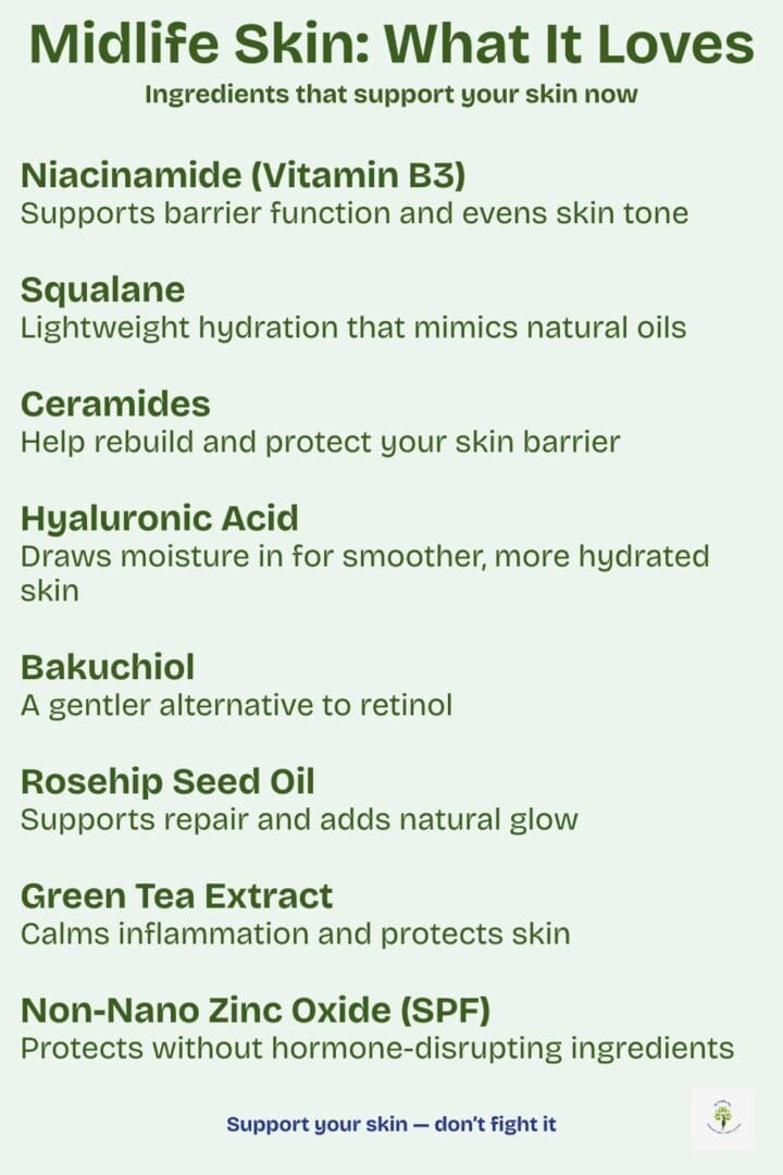 Best skincare ingredients for midlife skin, including niacinamide, ceramides, hyaluronic acid, bakuchiol, and natural oils that support hydration and skin barrier health.