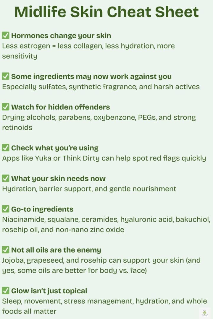 Midlife skincare guide covering hormone-related skin changes, ingredients to avoid, ingredients that support aging skin, and lifestyle habits that impact skin health.