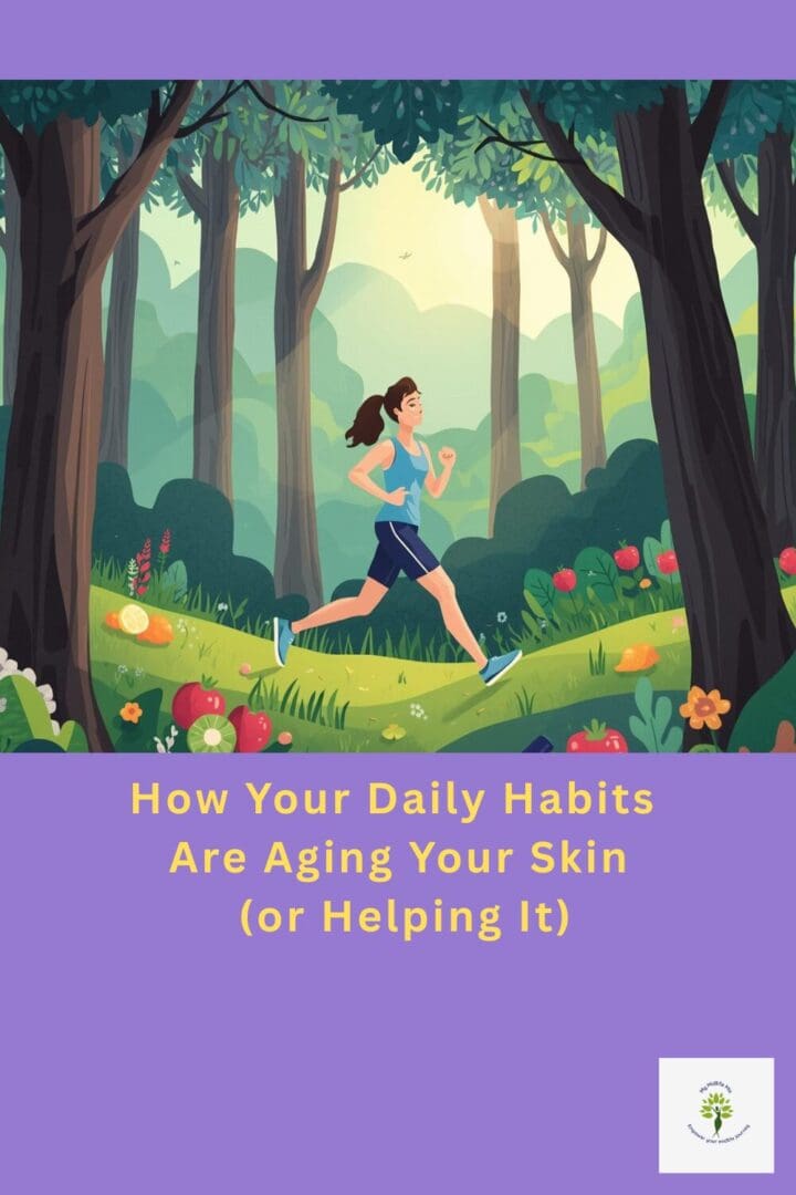 Cartoon woman jogging through the woods with caption stating lifestyle habits impact your skin's aging.