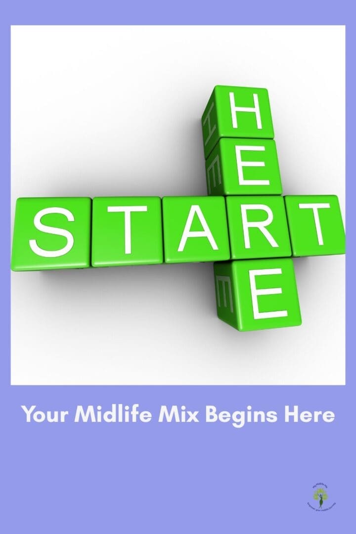 Decorative blog graphic featuring green crossword-style blocks spelling “START” and “HERE” on a soft lavender background with the text “Your Midlife Mix Begins Here.” The graphic represents starting simple, supportive habits for midlife health and wellness.