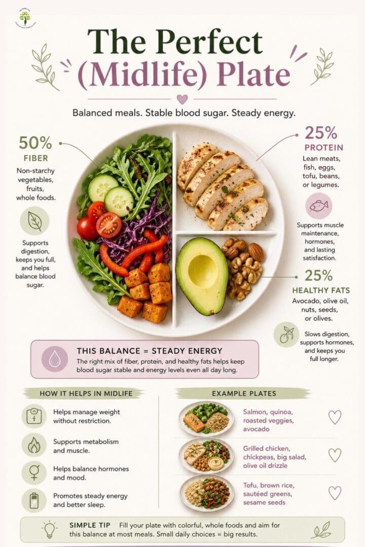 Illustration and instructions for a balanced meal in midlife.
