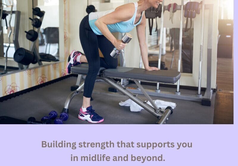 Midlife woman performing a dumbbell row in a gym to build strength and support functional fitness.