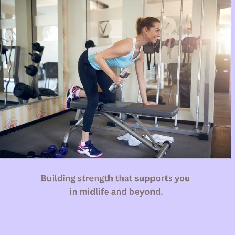 Midlife woman performing a dumbbell row in a gym to build strength and support functional fitness.