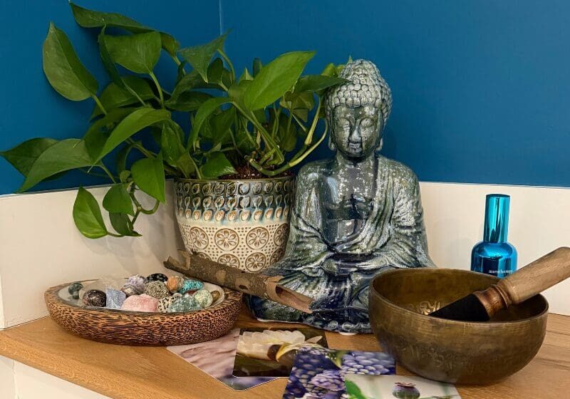 A calming home corner with plants and mindfulness objects, creating a gentle reminder to slow down and support the nervous system.