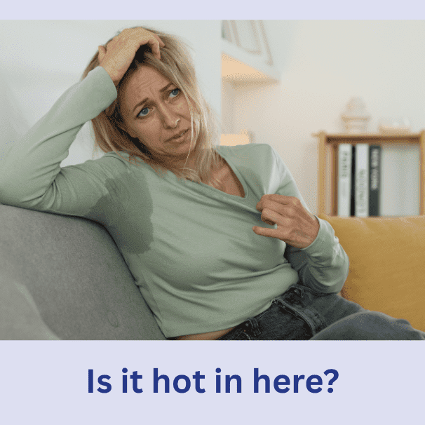 Midlife woman experiencing hot flashes during perimenopause and menopause — blog on causes, symptoms, and relief strategies.