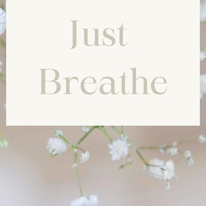 Simple “Just Breathe” graphic with soft neutral tones, representing calming breath exercises for stress relief, better sleep, and energy in midlife
