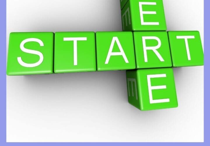Decorative blog graphic featuring green crossword-style blocks spelling “START” and “HERE” on a soft lavender background with the text “Your Midlife Mix Begins Here.” The graphic represents starting simple, supportive habits for midlife health and wellness.
