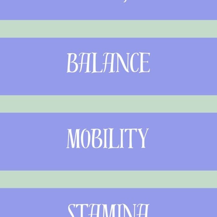 Midlife fitness markers graphic highlighting balance, mobility, strength, and stamina in a printable tracking format