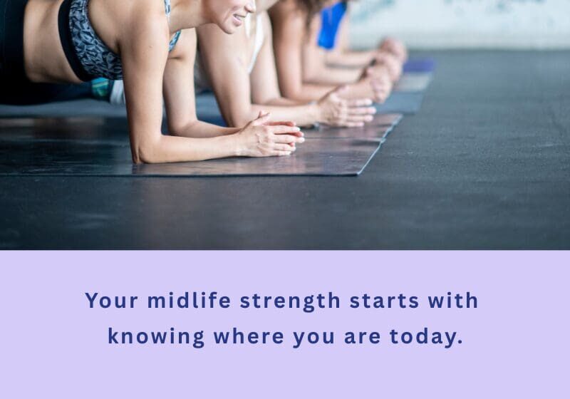 Women holding a plank position in a gym, demonstrating core strength and stability. Soft lavender background with the My Midlife Mix logo below.