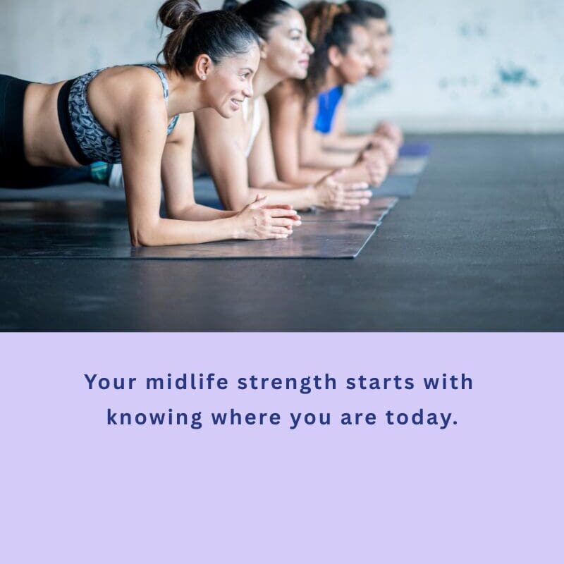 Women holding a plank position in a gym, demonstrating core strength and stability. Soft lavender background with the My Midlife Mix logo below.