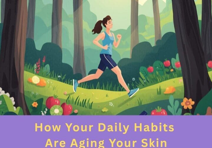 Cartoon woman jogging through the woods with caption stating lifestyle habits impact your skin's aging.