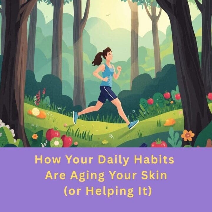 Cartoon woman jogging through the woods with caption stating lifestyle habits impact your skin's aging.